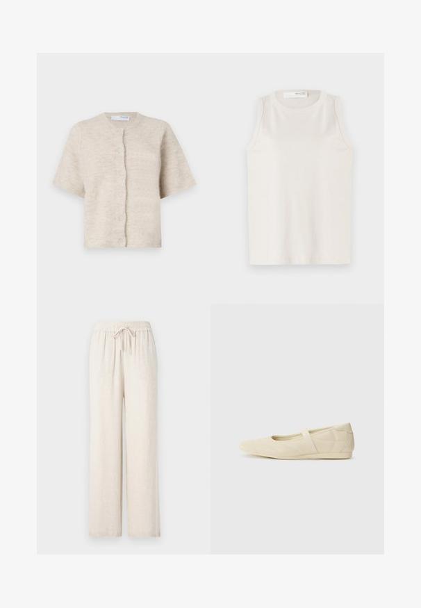 Beige short-sleeve cardigan van zacht, textuurmateriaal met een ronde halslijn en zes bijpassende knopen aan de voorkant.; Witte mouwloze top van zachte, gladde stof. Heeft een ronde halslijn en een eenvoudig ontwerp zonder versieringen of patronen.; Lichtbeige, wijde broek gemaakt van een zachte, gestructureerde stof. Voorzien van een elastische tailleband met een trekkoord voor aanpassing.; Beige ballerina's met een gladde leren buitenkant, amandelvormige punt en elastische band over de wreef, met subtiele stiksels.