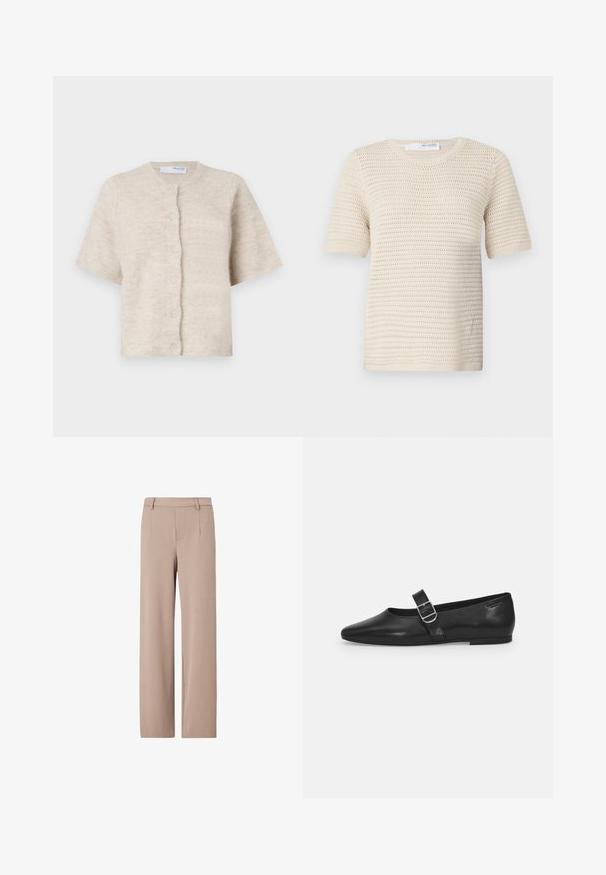 Beige short-sleeve cardigan van zacht, textuurmateriaal met een ronde halslijn en zes bijpassende knopen aan de voorkant.; Gehaakte trui met korte mouwen in off-white, voorzien van een gestructureerd patroon met een ronde halslijn en ribgebreide manchetten voor extra stevigheid.; Beige broek met hoge taille en wijde pijpen, met riemlussen, voorplooien en een verborgen voorzijde sluiting.; Zwarte leren platte schoen met een ronde neus, een enkele verstelbare gespsluiting en een gladde, glanzende textuur. Minimalistisch ontwerp met een lage hak.