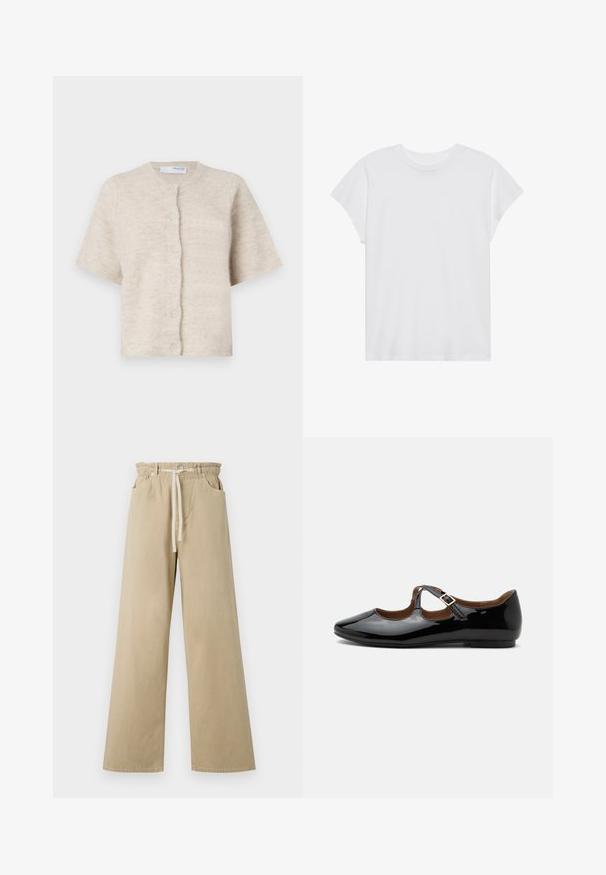 Beige short-sleeve cardigan van zacht, textuurmateriaal met een ronde halslijn en zes bijpassende knopen aan de voorkant.; Witte t-shirt met korte mouwen, ronde hals, relaxte pasvorm, gemaakt van zacht katoen. Glad textuur, geen patronen of logo's.; Beige wijde broek van katoen met een elastische tailleband en trekkoord. Voorzien van twee zijzakken en een soepele textuur.; Zwarte lakleren Mary Jane platte schoen met twee uitsparingen en een gouden gespbandje op een witte achtergrond.