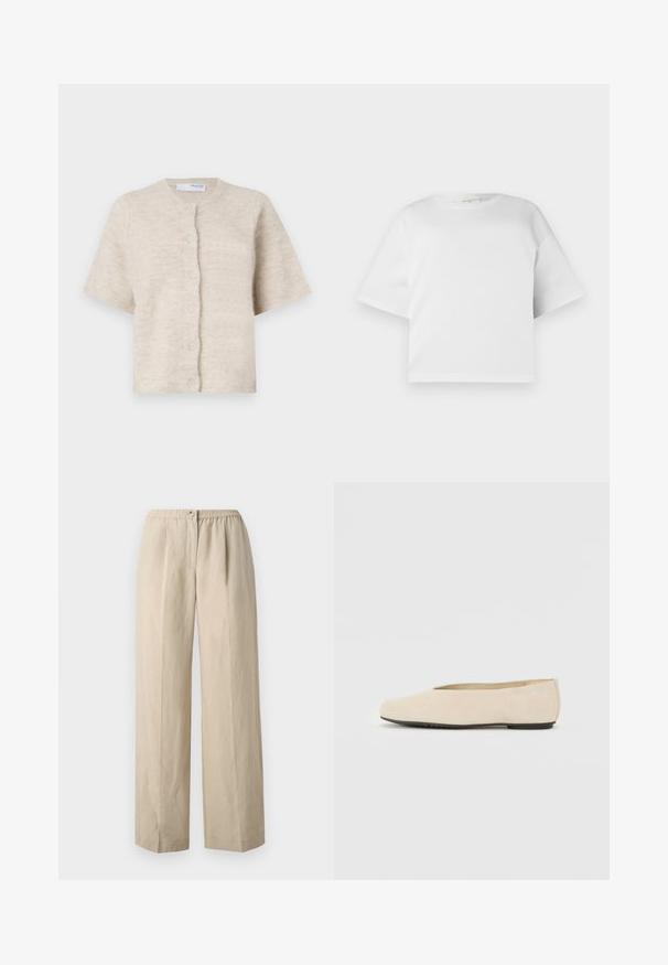 Beige kortærmet cardigan lavet af blødt, tekstureret materiale med en rund halsudskæring og seks matchende knapper fortil.; Hvid cropped t-shirt lavet af glat bomuld, med rund hals og korte, brede ærmer. Enkel, ren design uden synlige mønstre.; Beige, vide bukser lavet af blødt stof med en indsamlet elastisk talje og en frontknaplukning. Glat tekstur med læg.; Beige ruskind ballerina med rund tå, flad sål og minimalistisk design. Glat tekstur uden synligt hardware eller udsmykninger.