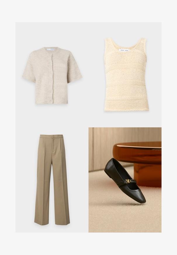 Cárdigan beige de manga corta hecho de un material suave y texturizado, con un escote redondo y seis botones a juego en la parte delantera.; Camiseta sin mangas de punto color crema con un patrón de rayas horizontales texturizadas y escote redondo.; Pantalones de pierna ancha en color beige, confeccionados con una tela texturada. Cuentan con pliegues frontales y una cinturilla plana. Sin cierres visibles ni bolsillos.; Zapato plano de cuero negro con puntera puntiaguda y logo dorado de CK en la correa, colocado sobre una alfombra beige cerca de una mesa redonda marrón ámbar.