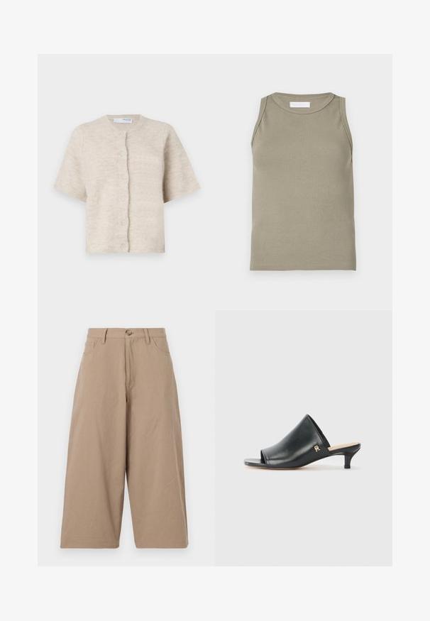 Beige short-sleeve cardigan van zacht, textuurmateriaal met een ronde halslijn en zes bijpassende knopen aan de voorkant.; Geribbelde tanktop in olijfgroen, met een ronde halslijn en mouwloos ontwerp. Gemaakt van zacht, rekbaar materiaal met een aansluitend silhouet.; Kaki wijde broek van katoen, met een hoge taille, voorzakken en een enkele knoopsluiting. Soepele textuur en rechte snit.; Zwarte leren open teen muiltjes met een lage hak. Heeft een glad oppervlak en een gouden logo accent aan de zijkant.