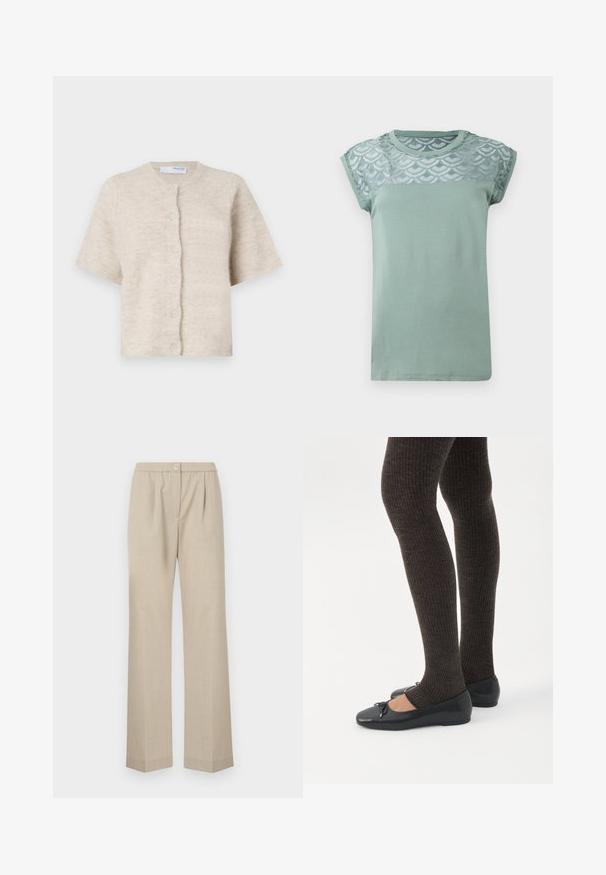 Cárdigan beige de manga corta hecho de un material suave y texturizado, con un escote redondo y seis botones a juego en la parte delantera.; Camiseta verde menta con mangas cortas tipo capa, que presenta un superpuesto de encaje con forma de onda en los hombros. Tejido suave, cuello redondo y bajo recto.; Pantalones beige claros con pierna recta, cinturilla elástica y un solo botón en la parte frontal. Fabricados con una tela texturizada.; Piernas con leggings oscuros acanalados combinados con bailarinas negras que presentan pequeños detalles de lazo sobre un fondo blanco.