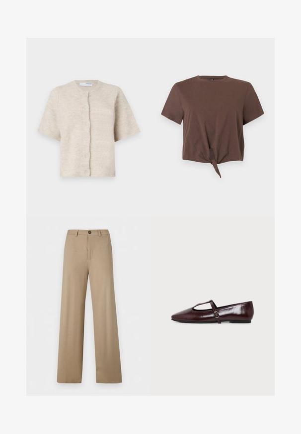Beige kortærmet cardigan lavet af blødt, tekstureret materiale med en rund halsudskæring og seks matchende knapper fortil.; Brun kortærmet croptop med knude foran, rund halsudskæring og enkelt sømløst design på en ensfarvet baggrund.; Beige bukser med høj talje, vide ben, bæltestropper og enkelt knaplukning i taljen.; Mørk burgunderfarvet flad lædersko med spids tå og en tynd T-rem med en sølvspænde på en hvid baggrund.