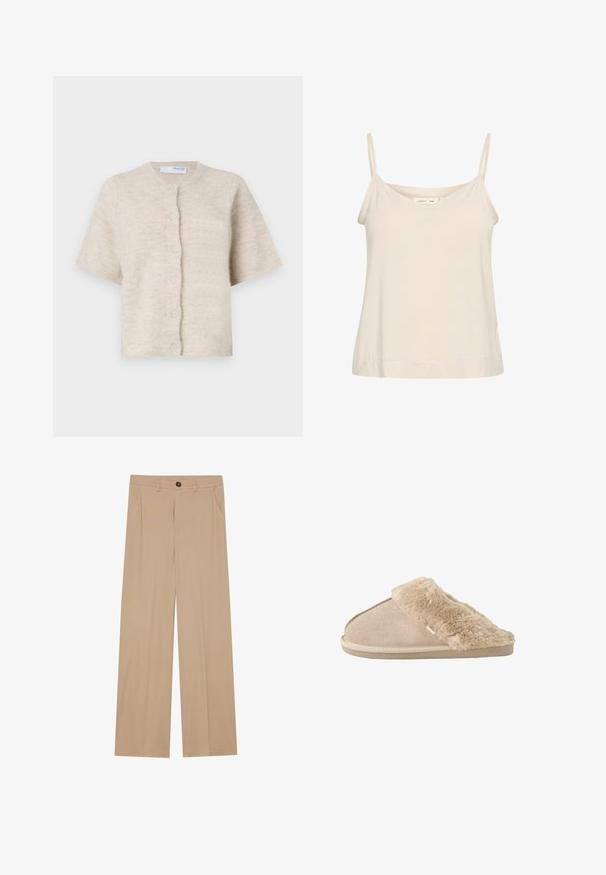 Beige lyhythihainen kardiigan, joka on valmistettu pehmeästä, teksturoidusta materiaalista. Siinä on pyöreä pääntie ja edessä kuusi samasta väristä nappia.; Camisole vaalea beige, joka on valmistettu pehmeästä kankaasta ja jossa on ohuet säädettävät olkaimet sekä V-muotoinen kaula-aukko, hieman rento istuvuus.; Vaaleat leveät housut, joissa on sileä pinta, kahdella sivutaskulla, edessä nappikiinnitys ja hienovaraisia poimuja lisäyksinä.; Beigen värinen liukusisätossu, jossa pehmeä nahkapintainen ulkopinta ja pehmeä, pörröinen vuori ja kalvosin, suunniteltu sisätilojen mukavuutta varten.