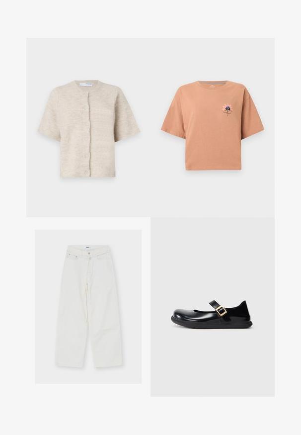 Beige kortærmet cardigan lavet af blødt, tekstureret materiale med en rund halsudskæring og seks matchende knapper fortil.; Lysebrun bomulds t-shirt med korte ærmer, rund hals og et pink og blåt blomsterbroderi på venstre bryst.; Hvide jeans med høj talje, vidde ben, knap- og lynlås-lukning, bæltestropper og frontlommer, lagt fladt på en hvid baggrund.; Sort patentlæder Mary Jane sko med rund tå, en enkelt rem med en guldbuckle og en struktureret sort gummisål.