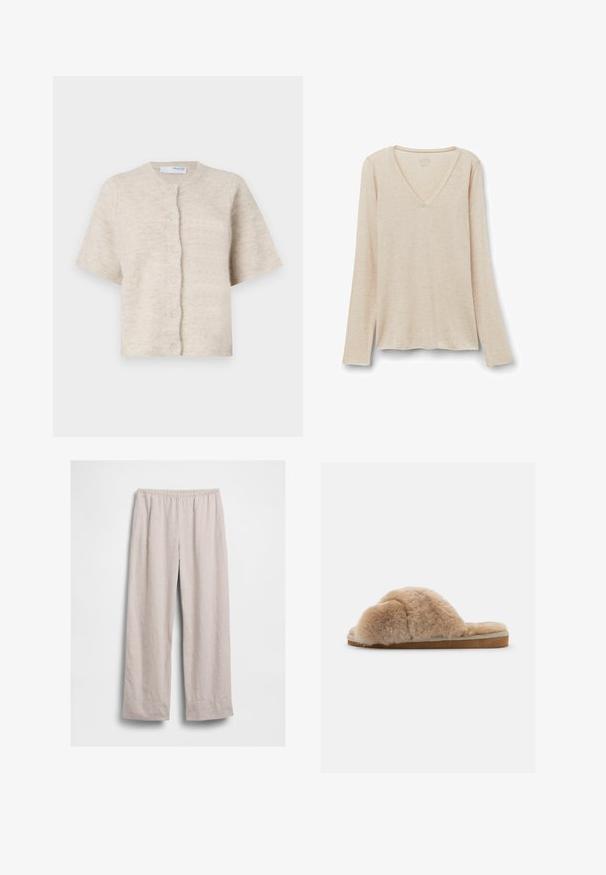 Beige kortærmet cardigan lavet af blødt, tekstureret materiale med en rund halsudskæring og seks matchende knapper fortil.; Langærmet V-hals top i lys beige stof med en blød tekstur. Afslappet pasform med lige kant og minimalistisk design.; Lysebeige løstsiddende bukser med elastisk taljebånd, lige ben og ingen synlige lommer, vist fladt mod en hvid baggrund.; Fuzzy beige hjemmesko med blød tekstur, åben bag og indvendig foring. Flad sål med en lysebrun bund og beige syning.