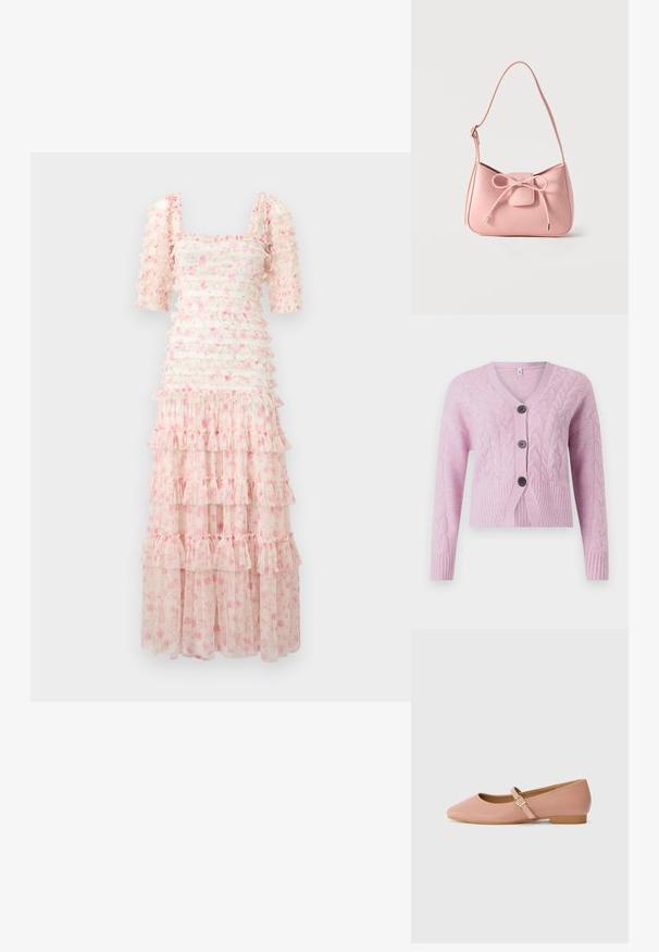 Lyserød cropped cardigan lavet af tekstureret strik med kabelmønstre, der har V-hals, ribbet kant og tre mørke knapper foran.; Blomstret maxikjole med firkantet halsudskæring, korte puffærmer, lagdelte flæser og en lys rosa nuance med spredte blomstermønstre. Transparent stof.; Lyserød syntetisk lædersko med spids tå, lav hæl og en rem med en guldbuckle. Glat tekstur med et minimalistisk design.; Lille skuldertaske i pastel lyserød med justerbar strop og frontsløjfe med guldspidsdetaljer på ensfarvet baggrund.