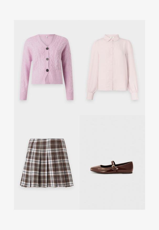 Roze cropped cardigan van een gestructureerde brei met kabelpatronen, voorzien van een V-hals, geribbelde zoom en drie donkere knopen aan de voorkant.; Lichtroze shirt met lange mouwen, voorzien van een kraag, knoopsluiting aan de voorkant en gerimpelde mouwen, gemaakt van zachte stof met een gladde textuur.; Bruine en witte geplooide rok met een gestructureerd ontwerp en een frisse textuur, met een hoge taille en meerdere verticale plooien.; Bruine gepatineerde leren balletschoen met een vierkante neus en een bandje met een kleine gouden gesp. Gladde textuur, lage hak en minimalistisch ontwerp.