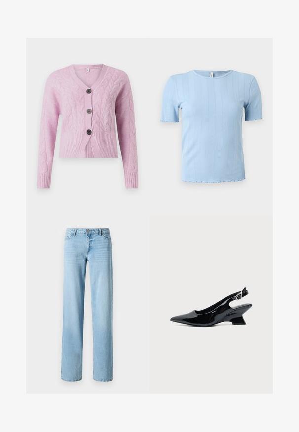 Lyserød cropped cardigan lavet af tekstureret strik med kabelmønstre, der har V-hals, ribbet kant og tre mørke knapper foran.; Lyseblå kortærmet ribstrikket top med subtile lodrette mønstre og bølget kant på ærmer og kant.; Lysblå denimjeans, lige ben-design, med fem lommer og en frontlukning med knap. Glat tekstur med subtil falming.; Sort laklæder slingback sko med spids tå og lav vinklet blokhæl på ensartet lys baggrund.
