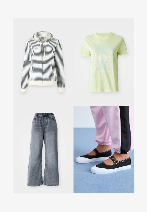 Sweatshirt à capuche rayé en crème et marine, avec une fermeture éclair, des poches avant et un petit logo en forme de cœur sur la poitrine. Matière en coton.; T-shirt vert clair en coton, avec un graphique de palmier bleu et le texte "SUMMER DREAMS", avec des manches courtes retroussées.; Pantalons en denim large gris avec une taille élastique, une fermeture à cordon, et des poches latérales. Texture décolorée sur l'ensemble du tissu.; Baskets noires en toile avec une semelle blanche, présentant un design découpé et une sangle en boucle dorée. Portées avec un pantalon de survêtement rose.