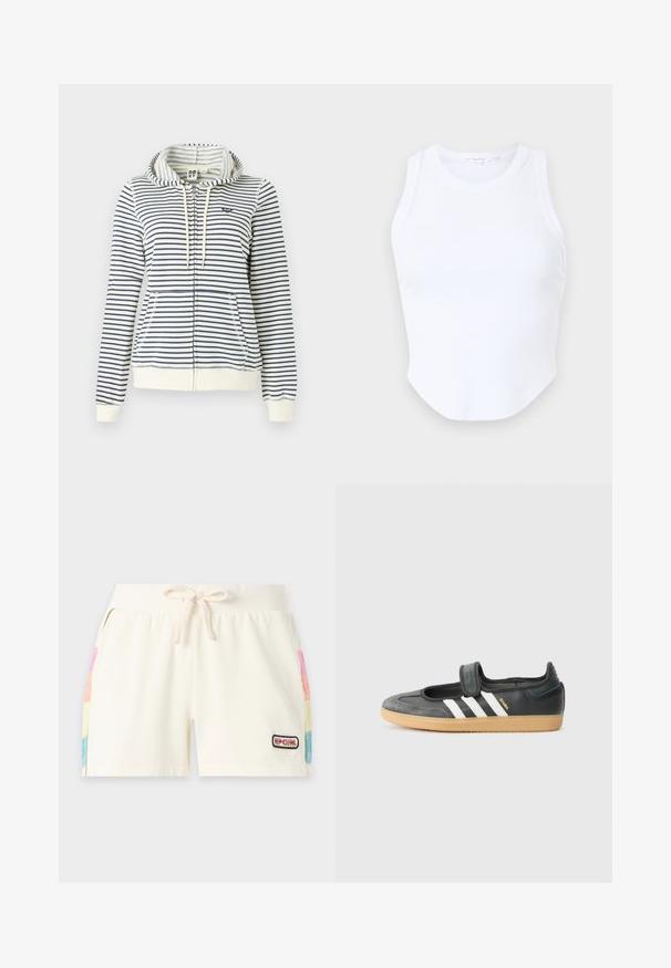 Sweatshirt à capuche rayé en crème et marine, avec une fermeture éclair, des poches avant et un petit logo en forme de cœur sur la poitrine. Matière en coton.; Good American MICRO TANK - Débardeur - white; Shorts écru avec cordon de serrage, taille côtelée, poches latérales avec panneaux multicolores et petit logo "Rip Curl" sur la jambe avant droite.; Sneaker en cuir noir et suède avec une sangle Velcro, arborant trois bandes blanches et une semelle en caoutchouc, étiqueté "SAMBA" sur le côté.
