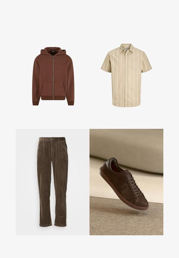 Ruskea vetoketjullinen huppari, jossa on kengurupocket, kiristysnauha hupussa ja ribaatut hihansuut sekä helma. Valmistettu pehmeästä, rakenteellisesta kankaasta.; Beige lyhythihainen nappipaita, jossa on valkoiset pystysuorat raidat, rintatasku, kaulus ja edessä napit.; Ruske korduroy hlače ravnog kroja, s vertikalnim rebrima, zatvaranjem na gumb i dva prednja nabora za dodatni detalj.; Ruskeat mokkanahkaiset tennarit, joissa on sileä kumipohja, pyöreät nauhat ja kuvioitu viimeistely, roikkuen beigen pinnan yläpuolella.