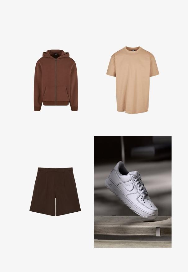 Brun zip-up hættejakke med kængurulomme, snoretræk i hætten, ribbet manchetter og kant. Fremstillet af blødt, struktureret stof.; Beige bomulds t-shirt med rund hals, korte ærmer og en afslappet pasform; har en glat tekstur og et minimalistisk design.; Mørkebrune knælange skræddersyede shorts med bæltestropper og forreste læg, vist fladt på hvid baggrund.; Hvid læder Nike Air Force 1 sneaker med perforeret tå, flade snørebånd og tekstureret gummisål med "AIR" branding på siden.