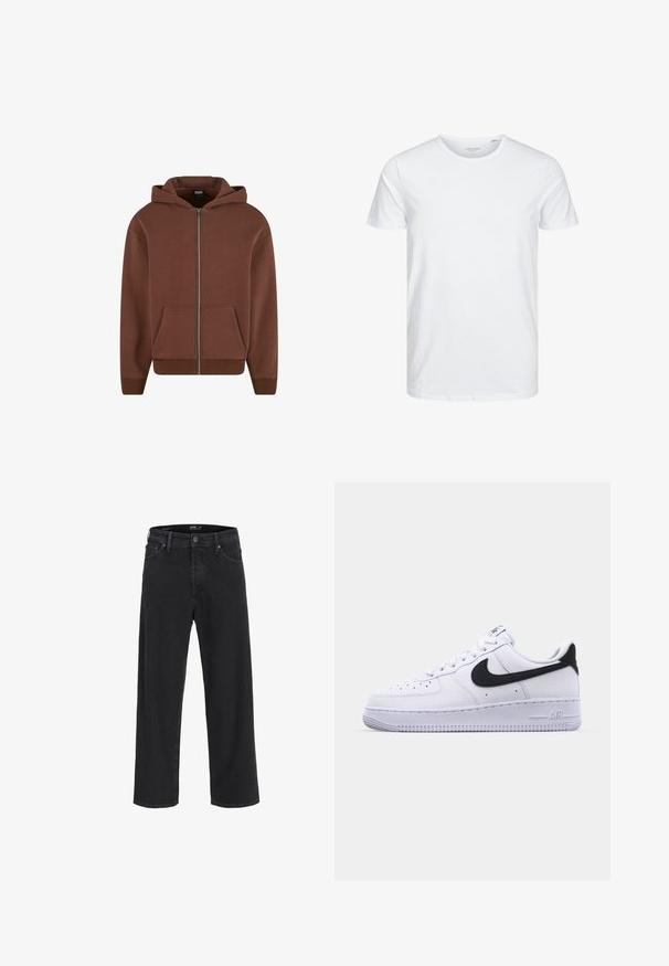 Haut de survêtement zippé marron avec poche kangourou, capuche à cordon, poignets et ourlet côtelés. Fabriqué en tissu doux et texturé.; T-shirt à col rond à manches courtes de couleur blanche unie, fabriqué en coton doux, avec un design simple sans motifs ni accents visibles.; Jean en denim noir à jambe droite avec fermeture à bouton et à zip, passants de ceinture, et poches avant et arrière.; Sneaker en cuir blanc avec un Swoosh noir texturé, des lacets plats et une semelle en caoutchouc avec un motif strié. "AIR" est embossé sur le talon.