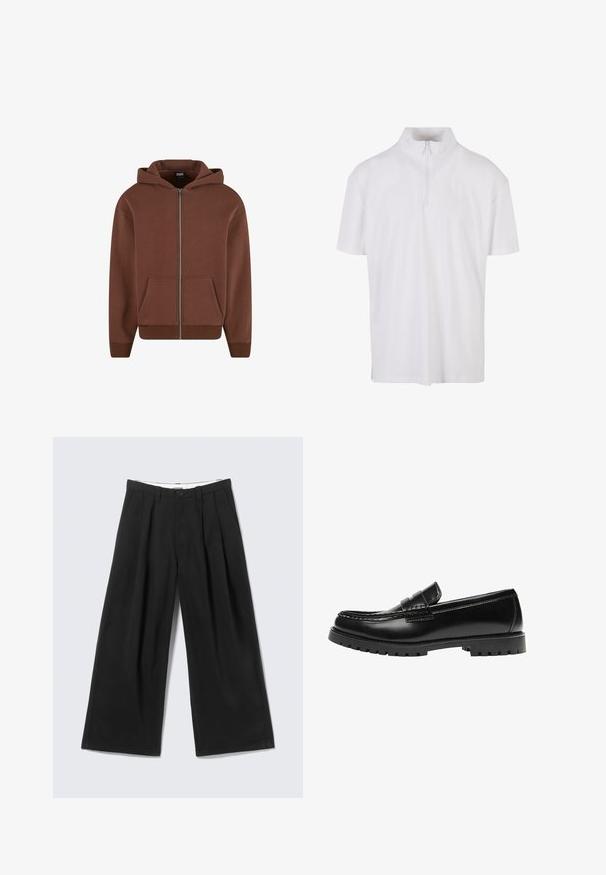 Haut de survêtement zippé marron avec poche kangourou, capuche à cordon, poignets et ourlet côtelés. Fabriqué en tissu doux et texturé.; Chemise blanche à manches courtes avec un col montant et une fermeture éclair quart. Fabriquée en tissu doux et léger avec une coupe décontractée.; Pantalon noir à jambes larges avec plis, passants pour ceinture et fermeture par bouton, présenté sur un fond gris clair.; Mocassin en cuir noir avec une semelle en caoutchouc épaisse et un détail classique de bride à monnaie, vu de côté extérieur.