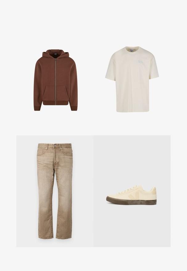 Brun zip-up hættejakke med kængurulomme, snoretræk i hætten, ribbet manchetter og kant. Fremstillet af blødt, struktureret stof.; Kremhvid bomulds-T-shirt med rund halsudskæring og korte ærmer, med en lille blå broderet logo på venstre bryst.; Beige denim jeans med lige ben, der har fem lommer, en knaplukning og subtile falmninger i stoffet.; Beige lærredssko med rund tå, flade snørebånd og struktureret brun gummisål. Har et logo på siden og et minimalistisk design.