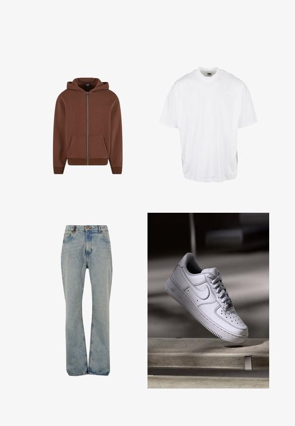 Haut de survêtement zippé marron avec poche kangourou, capuche à cordon, poignets et ourlet côtelés. Fabriqué en tissu doux et texturé.; T-shirt en coton blanc avec une coupe décontractée, des manches courtes et un col rond, présentant un ourlet droit et sans graphiques ni motifs visibles.; Jean droit taille haute bleu clair avec bouton devant, fermeture éclair, passants de ceinture et design à cinq poches.; La basket Nike Air Force 1 en cuir blanc présente un embout perforé, des lacets plats et une semelle en caoutchouc texturée avec le logo « AIR » sur le côté.