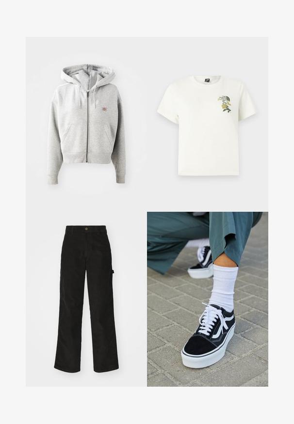 Grå lynlåshoodie med en frontlomme, justerbar snor i hætten, ribbede manchetter og et lille logo på brystet. Materialet er en bomuldsblanding.; Hvid bomuld T-shirt med korte ærmer. Indeholder grøn og gul blomsterbroderi på venstre bryst, inklusiv logo. Almindelig pasform.; Sorte kordfløjsbukser med et lige ben-design, der har en knaplukning og sidelommer. Glat tekstur med fine lodrette striber.; Sorte ruskinds sneakers med hvide accenter og snørebånd, der har en tyk hvid sål og kontrasterende syninger, parret med en hvid sok.