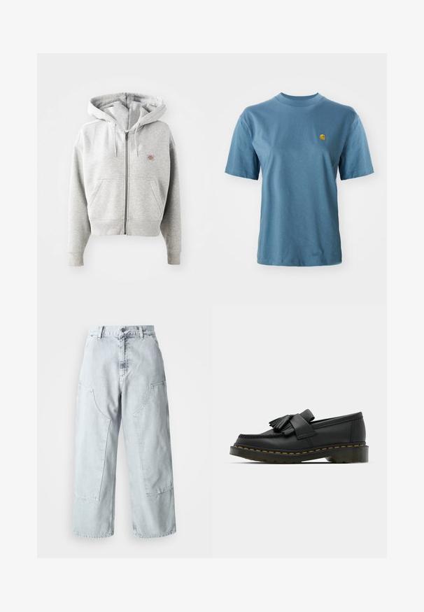 Grå lynlåshoodie med en frontlomme, justerbar snor i hætten, ribbede manchetter og et lille logo på brystet. Materialet er en bomuldsblanding.; Lyseblå bomulds t-shirt med korte ærmer og ribbet rund hals. Har et lille gult logo på venstre bryst som detalje.; Lys blå denim bred benbukser med store sidelommer, høj talje og løst fit. Slidte tekstur med en falmet finish.; Sorte læder loafers med rund tå, der har frynse detaljer og et dekorativt bånd på tværs af fronten, sat på en kraftig hæl.