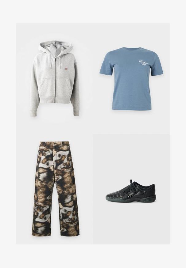 Grauer Reißverschluss-Hoodie mit einer Vorderasche, verstellbarem Kordelzug-Hauben, gerippten Bündchen und einem kleinen Logo auf der Brust. Material aus Baumwollmischung.; Blaues T-Shirt mit kurzen Ärmeln und Rundhalsausschnitt, mit weißem "Carhartt Wip"-Schriftzug auf der linken Brust.; Weite Hosen mit einem auffälligen, abstrakten Muster in Schwarz-, Braun- und Cremetönen. Hergestellt aus strukturiertem Stoff mit hoher Taille.; Schwarzer, lederner Sportschuh mit einem gesteppten Design, abgerundeter Spitze, Schnürung vorne und Gummisohle. Mit dezentem Branding an der Seite.
