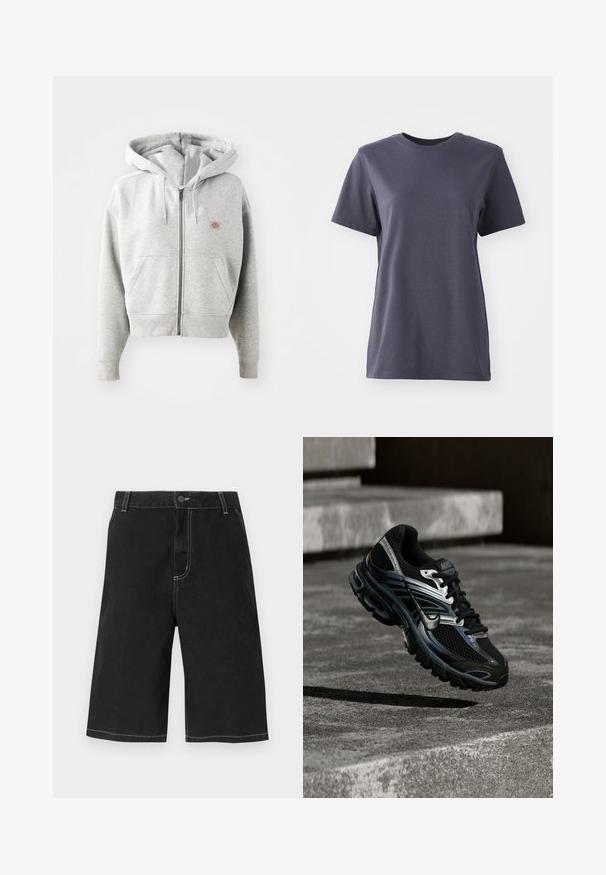 Grijze zip-up hoodie met een voorzak, verstelbare trekkoordkap, ribgebreide manchetten en een klein logo op de borst. Gemaakt van een katoenmix.; Korte mouwen t-shirt van donkergrijs katoen, met een ronde hals, een gladde textuur, rechte zoom, zonder zichtbare patronen of hardwaredetails.; Zwarte denim shorts tot net boven de knie met witte contrasterende stiksels, riemlussen, knoopsluiting en voorzakken op een effen achtergrond.; Zwart-zilveren Nike hardloopschoen zwevend boven betonnen trappen, met een gedetailleerd ontwerp en een getextureerde zool in een buitenomgeving.