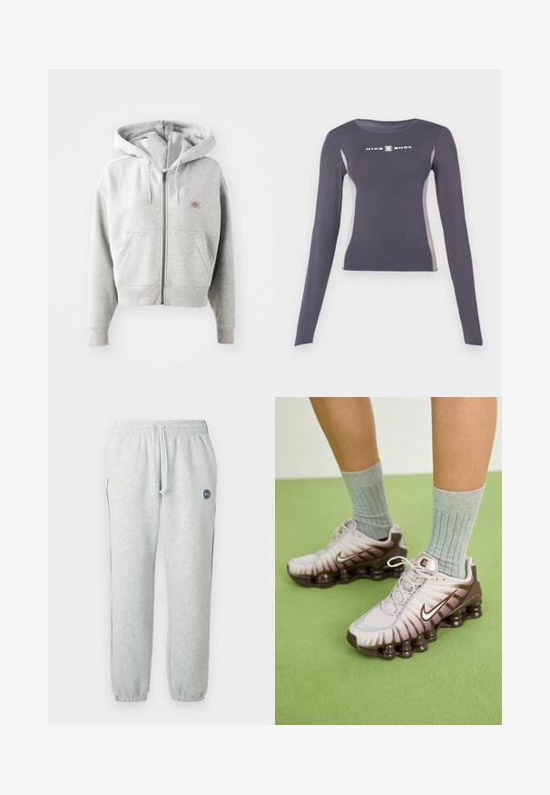 Grauer Reißverschluss-Hoodie mit einer Vorderasche, verstellbarem Kordelzug-Hauben, gerippten Bündchen und einem kleinen Logo auf der Brust. Material aus Baumwollmischung.; Dunkelgraues, langärmliges, eng anliegendes Sportoberteil mit hellgrauen Seitenpaneelen und weißem "Nike Shox"-Logo auf der Brust.; Graue Jogginghose aus weichem Stoff mit elastischem Bund und Kordelzug, eng anliegenden Bündchen und einem Logodetail am Oberschenkel.; Nike Sneaker in Hellrosa und Braun mit einer strukturierten Oberseite, geschichtetem Design und dämpfender Außensohle mit sichtbaren Air-Elementen.