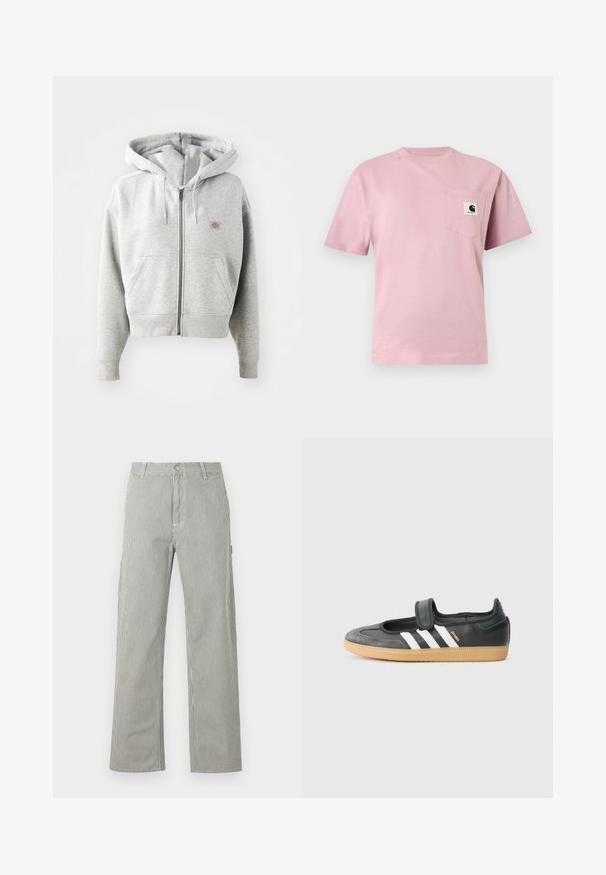 Grauer Reißverschluss-Hoodie mit einer Vorderasche, verstellbarem Kordelzug-Hauben, gerippten Bündchen und einem kleinen Logo auf der Brust. Material aus Baumwollmischung.; Hellrosa T-Shirt mit kurzen Ärmeln und einer linken Brusttasche mit kleinem Carhartt-Logo-Patch.; Herrenhose mit geradem Bein, dünnen schwarzen und weißen vertikalen Streifen, Knopfverschluss, Gürtelschlaufen und Seitentaschen.; Schwarze Leder- und Wildledersneaker mit einem Klettverschluss, ausgestattet mit drei weißen Streifen und einer Gummisohle, beschriftet mit "SAMBA" an der Seite.