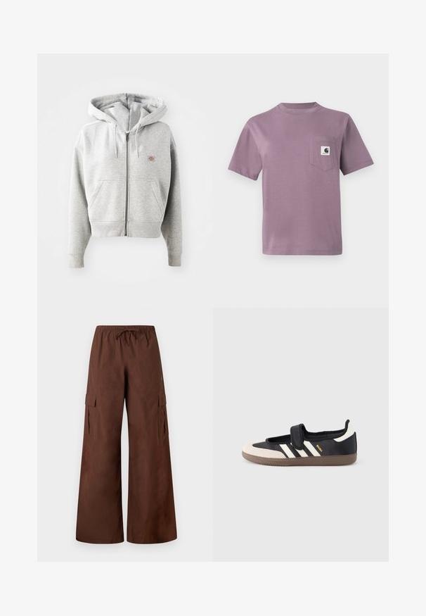 Grauer Reißverschluss-Hoodie mit einer Vorderasche, verstellbarem Kordelzug-Hauben, gerippten Bündchen und einem kleinen Logo auf der Brust. Material aus Baumwollmischung.; Lila Baumwoll-T-Shirt mit Rundhalsausschnitt, kurzen Ärmeln und einer Brusttasche links, die ein Logo-Label trägt. Glatte Textur, lässige Passform.; Braune Cargo-Hose mit breiten Beinen, elastischem Bund, Kordelzug, seitlichen Klappentaschen und Druckknopfdetails am Saum.; Schwarzer und beiger Sneaker mit Klettverschluss, drei weißen Streifen an der Seite und einer strukturierten braunen Gummisohle. Markenlogo sichtbar.