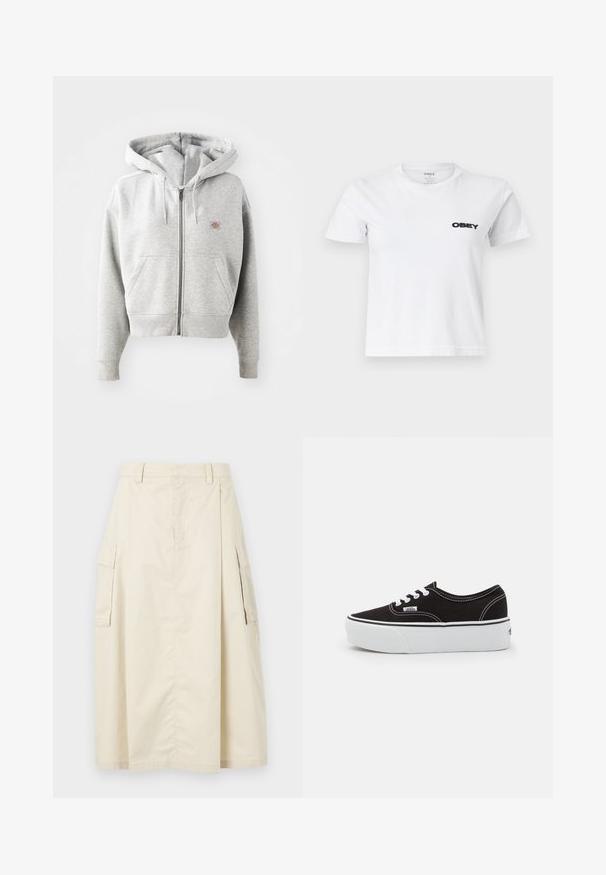 Grauer Reißverschluss-Hoodie mit einer Vorderasche, verstellbarem Kordelzug-Hauben, gerippten Bündchen und einem kleinen Logo auf der Brust. Material aus Baumwollmischung.; Weißes T-Shirt mit kurzen Ärmeln und Rundhalsausschnitt, mit schwarzem "OBEY"-Logo auf der linken Brust bedruckt.; Beige, knielanger Rock aus Baumwolle. Verfügt über zwei seitliche Cargo-Taschen und eine vordere Falte, mit einem Bund und einem versteckten Reißverschluss.; Schwarze Leinensneaker mit einer weißen Gummiplattformsohle, weißen Schnürsenkeln und Nähten, ikonischer Markenaufdruck an der Seite, im Low-Top-Design.