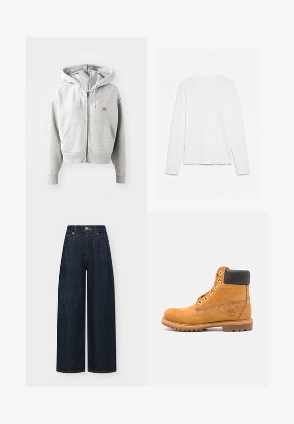 Grauer Reißverschluss-Hoodie mit einer Vorderasche, verstellbarem Kordelzug-Hauben, gerippten Bündchen und einem kleinen Logo auf der Brust. Material aus Baumwollmischung.; Schlichtes weißes Langarm-T-Shirt mit Rundhalsausschnitt, flach auf einer weißen Oberfläche liegend, Vorderseite und gesamte Ärmellänge sichtbar.; Dunkelblaue Jeans mit weitem Bein, Vordertaschen, Gürtelschlaufen und Metallknopfverschluss vor einfarbigem Hintergrund.; Braune Leder-Stiefelette mit schwarzer Polsterung, goldenen Ösen und einer strukturierten Sohle. Hat ein kreisförmiges Logo an der Seite und Nähakzente.