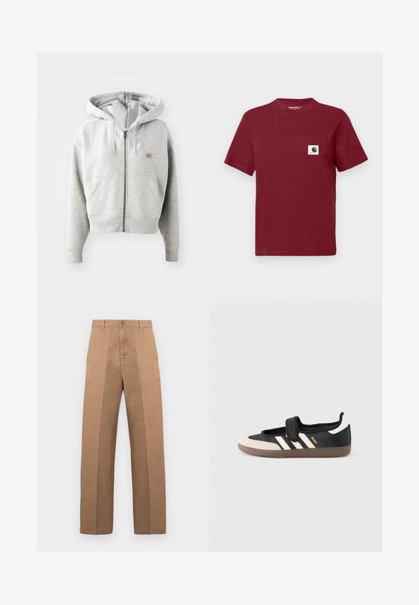 Grå lynlåshoodie med en frontlomme, justerbar snor i hætten, ribbede manchetter og et lille logo på brystet. Materialet er en bomuldsblanding.; Rød kortærmet t-shirt lavet af bomuld, med en venstre brystlomme og et hvidt logo patch. Rund halsudskæring, afslappet pasform.; Brune bomuldssbukser med et lige ben, der har en knaplukning, bæltestropper og minimale syninger for et clean udseende.; Sort og beige sko med velcrolukning, tre hvide striber på siden og en tekstureret brun gummisål. Mærkelogo er synligt.