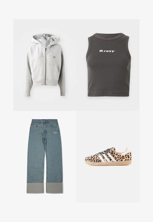 Huppari, jossa on harmaa vetoketju, etutasku, säädettävä nyöri hupussa, ribbikudotut hihansuut ja pieni logo rinnassa. Puuvillasekoitemateriaali.; Harmaa poimutettu lyhyt tank-top, jossa on pyöreä kaula-aukko ja hihaton muotoilu. Etupuolella on valkoinen "roxy"-logo.; Vaaleansiniset farkut, joissa on löysä istuvuus, käännetyt lahkeet, hienovarainen haalistuminen ja brodeerattu logo vasemmalla edessä.; Leopardikuvioiset tennarit kumipohjalla, valkoisilla raidoilla ja tummanvihreillä nauhoilla. Pehmeästi teksturoitu päällinen ja matala muotoilu.