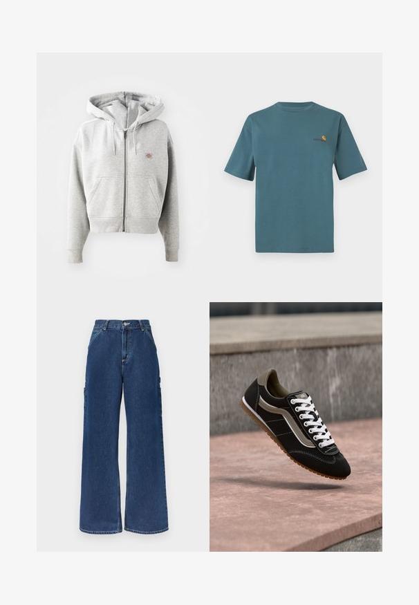 Grauer Reißverschluss-Hoodie mit einer Vorderasche, verstellbarem Kordelzug-Hauben, gerippten Bündchen und einem kleinen Logo auf der Brust. Material aus Baumwollmischung.; Türkisfarbene Baumwoll-T-Shirt mit kurzen Ärmeln, runder Halsauschnitt und kleinem, in Orange und Burgunderrot gesticktem Logo auf der Brust.; Dunkelblaue, hochtaillierte Jeans mit weitem Bein, vorderen Taschen, seitlichen Utility-Taschen und Knopf- sowie Reißverschluss.; Schwarzer und beiger Sneaker mit weißen Schnürsenkeln und brauner Sohle, schwebend über einer Steinoberfläche vor einem grauen Betonhintergrund.