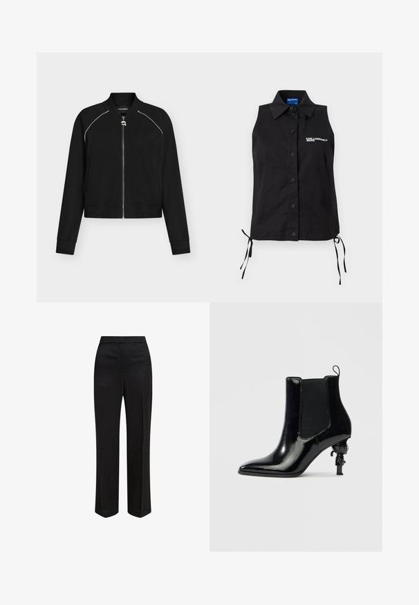 Veste bomber noire zippée avec un passepoil blanc aux épaules, col et poignets côtelés, et une petite tirette de fermeture éclair argentée en forme de visage.; Chemisier noir sans manches à boutons, avec col, liens sur les côtés et logo blanc "KARL LAGERFELD JEANS" sur la poitrine gauche.; Pantalons larges noirs en tissu à motif texturé, avec une coupe droite et une taille élastique pour plus de confort. Sans poches.; Bottine en cuir verni noir avec panneaux latéraux élastiques, bout pointu et un design unique de talon sculptural avec une petite figurine.