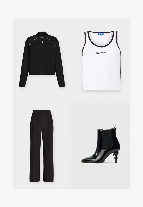 Veste bomber noire zippée avec un passepoil blanc aux épaules, col et poignets côtelés, et une petite tirette de fermeture éclair argentée en forme de visage.; Débardeur blanc sans manches avec bordure noire et texte brodé "KARL LAGERFELD JEANS" au centre à l'avant.; Pantalon noir à jambes larges avec taille haute et devant lisse, conçu pour une coupe décontractée et professionnelle.; Bottine en cuir verni noir avec panneaux latéraux élastiques, bout pointu et un design unique de talon sculptural avec une petite figurine.