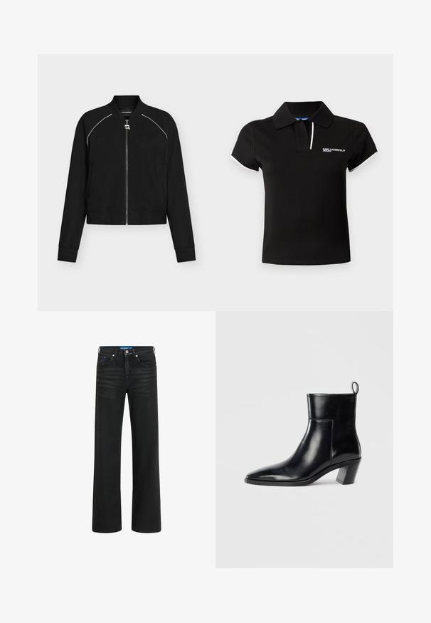 Veste bomber noire zippée avec un passepoil blanc aux épaules, col et poignets côtelés, et une petite tirette de fermeture éclair argentée en forme de visage.; Polo noir avec un col classique. Caractéristiques : manches courtes et coupe slim. Accents blancs le long du col et des manches. Logo sur la poitrine.; Jean noir coupe large en denim, avec fermeture à boutons et à zip, cinq poches, et un léger dégradé sur le tissu.; Bottine en cuir noir avec un bout pointu, un talon empilé géométrique et une languette à l'arrière. Texture lisse et design épuré.