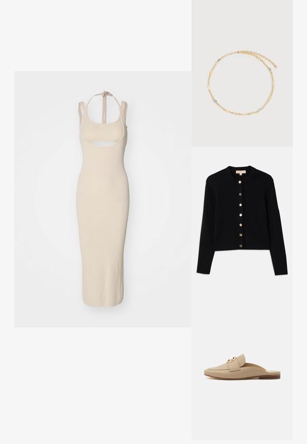 Sort cardigan lavet af blødt stof, med rund halsudskæring, lange ærmer og seks guldtonede knapper foran.; Beige strikket midi kjole med en tætsiddende silhuet, firkantet halsudskæring, udskæringsdetalje og justerbare stropper. Glat tekstur med et ensfarvet mønster.; Beige slip-on flade loafers med rundet tå, tekstureret finish, bred rem og guldfarvet rund spænde på hvid baggrund.; Guld kæde halskæde med små rektangulære blå, gule og klare ædelstene jævnt fordelt langs leddene, med en justerbar lås.