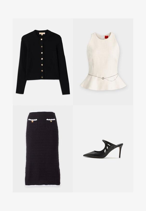 Sort cardigan lavet af blødt stof, med rund halsudskæring, lange ærmer og seks guldtonede knapper foran.; Ærmeløs hvid struktureret peplum-top med et tyndt sølvkædebælte med cirkelformet spænde i taljen, præsenteret på en ensfarvet baggrund.; Sort strikket pencilskørt med hvid kant ved talje og skørt, med to forlommer, der hver har en guldknap.; Sorte læder højhælede mules med spids tå, udskåret sideskærm og glat tekstur. Stiletthæl og subtil syning.