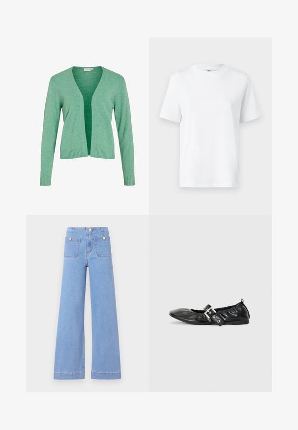 Grøn langærmet cardigan med V-hals, åben front, ribbede manchetter og kant. Lavet af blødt, tekstureret strikstof.; Hvid bomulds T-shirt med rund hals, kortærmet og en glat tekstur. Designet med en afslappet pasform for komfort og alsidighed.; Lysblå vide jeans med høj talje, to baglommer og guldtonede knapper. Lavet af denim med en glat overflade og rent finish.; Sorte læder flade sko med spids tå, samling detaljer omkring åbningen, og en sølv spænde accent på den justerbare rem.