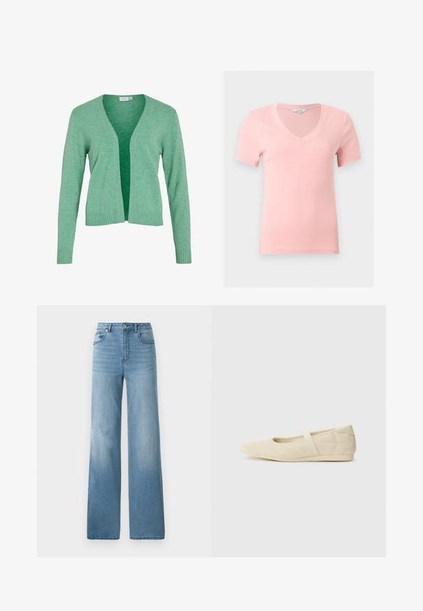 Cardigan long vert à manches longues avec un col en V, devant ouvert, poignets côtelés et ourlet. Fabriqué en tissu tricoté doux et texturé.; Haut à manches courtes côtelé rose doux avec un col en V, présenté à plat sur un fond neutre.; Jean taille haute bleu clair avec une coupe droite. Fabriqué en denim, avec cinq poches et une fermeture à bouton.; Ballerines beiges avec une exterior en cuir lisse, un bout en forme d'amande et une sangle élastique sur le coup de pied, avec des détails de couture subtils.
