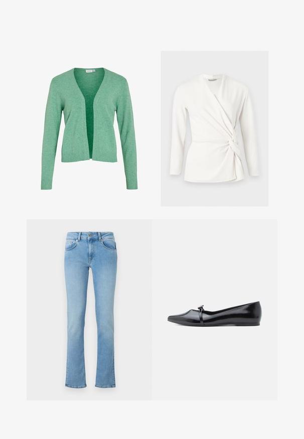 Groene lange mouw cardigan met een V-hals, open voorkant, geribbelde manchetten en zoom. Gemaakt van zacht, gestructureerd breiwerk.; Witte blouse met lange mouwen en overslag, V-hals en detail met zijknoop, getailleerde pasvorm, getoond op een effen lichtgrijze achtergrond.; Lichtblauwe denim jeans met een strakke taille, uitlopende pijpen, een vijf-pocket ontwerp en een knoopsluiting. De stof heeft een zachte textuur.; Zwarte lakleren balletflat met een spitse neus, decoratieve riem en een gladde textuur. Minimalistisch ontwerp zonder zichtbare accenten.