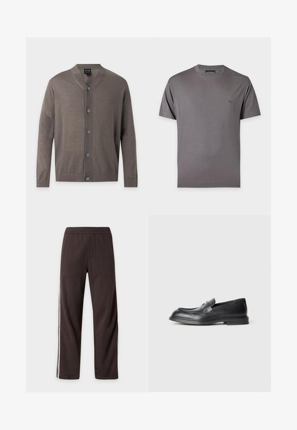 Cardigan marron à manches longues boutonné, avec poignets et ourlet côtelés, col en V et cinq boutons sur le devant.; T-shirt gris à manches courtes et col rond avec un petit logo brodé sur la poitrine gauche et une étiquette de la marque à l’intérieur du col.; Pantalon droit marron foncé avec taille élastique et bandes blanches sur les côtés, présenté à plat sur un fond clair.; Mocassins en cuir noir avec une finition texturée, dotés d'une bride décorative à l'avant et d'un bout arrondi. Semelle en caoutchouc pour plus de durabilité.