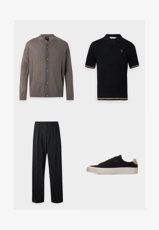 Cardigan marron à manches longues boutonné, avec poignets et ourlet côtelés, col en V et cinq boutons sur le devant.; Polo noir côtelé à manches courtes avec trois boutons, rayures beige sur les poignets et l'ourlet des manches, et petit logo "FP" doré sur la poitrine gauche.; Pantalon noir taille haute, sur-mesure, avec passants pour ceinture, plis sur le devant, fermeture par bouton et jambes droites larges sur fond clair.; Baskets basses noires avec languette beige au talon, semelle en caoutchouc blanche épaisse, lacets noirs et petite étiquette "PS Paul Smith" sur le côté.
