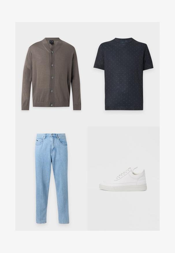 Cardigan marron à manches longues boutonné, avec poignets et ourlet côtelés, col en V et cinq boutons sur le devant.; T-shirt noir à manches courtes et col rond avec un motif subtil de petits voiliers bleu clair répartis uniformément sur le tissu.; Jean en denim bleu clair à coupe droite avec poches avant, passants de ceinture et fermeture à bouton sur un fond neutre.; Baskets en cuir blanc avec un embout arrondi, une semelle plate et un laçage à l'avant. Présentent des détails de couture et un col rembourré pour plus de confort.