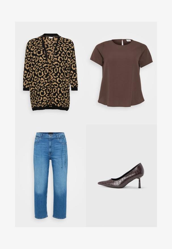 Cardigan en imprimé léopard noir et beige, coupe oversize, front ouvert, manches trois-quarts, texture tricot douce, poignets et ourlet côtelés.; Haut marron à manches courtes avec un col rond et une petite découpe dans le dos. Fabriqué en tissu doux avec un ourlet légèrement évasé.; Jean en denim bleu clair avec une coupe décontractée, jambes droites, taille mi-haute et détail à nouer à l'avant. Texture lisse.; Escarpins à bout pointu en similicuir marron avec une texture crocodile, dotés d’un talon fin et angulaire ainsi que d’une doublure intérieure lisse.