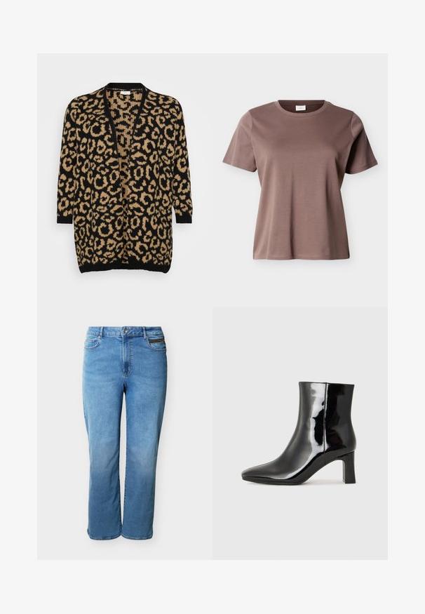 Cardigan s leopardím vzorom v čiernej a pieskovej farbe, voľný strih, otvorený predný diel, trojštvrťové rukávy, mäkká pletená textúra, rebrované manžety a lem.; Krátky rukáv, okrúhly výstrih, tričko z ružovo-hnedého bavlneného materiálu s voľným strihom, zobrazené na jednoduchom svetlom pozadí.; Svetlomodré džínsy s rovnými nohavicami, vybavené predným gombíkom, zapínaním na zips, vreckami vpredu aj vzadu a malým vreckom so zipsom na pravej prednej strane.; Čierne lakované členkové topánky s špicatou špičkou a stredne vysokým blokovým podpätkom. Hladká textúra a minimalistický dizajn.