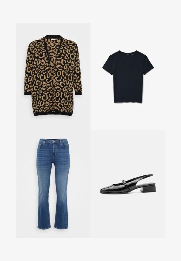 Cardigan en imprimé léopard noir et beige, coupe oversize, front ouvert, manches trois-quarts, texture tricot douce, poignets et ourlet côtelés.; T-shirt noir à manches courtes en tricot côtelé avec encolure ronde, posé à plat sur fond blanc.; ONLY Carmakoma Straight fit CARWILLY Mid waist - Jean droit - dark blue denim; Chaussure slingback en cuir verni noir avec un petit talon bloc et une fine bride avec une boucle argentée sur le dessus.