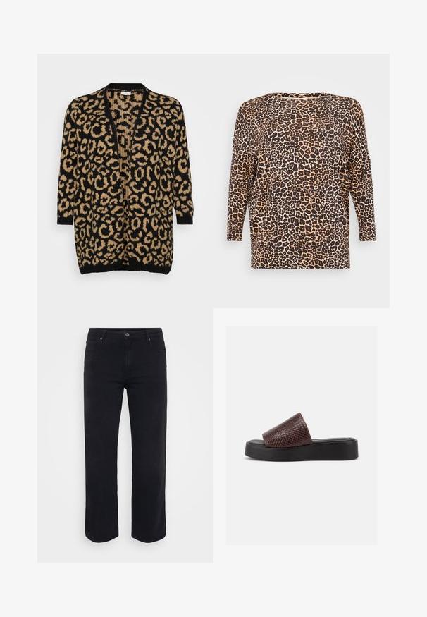 Cardigan s leopardím vzorom v čiernej a pieskovej farbe, voľný strih, otvorený predný diel, trojštvrťové rukávy, mäkká pletená textúra, rebrované manžety a lem.; Dlhý rukáv s leopardím vzorom, vo voľnom strihu, s okrúhlym výstrihom a mäkkou štruktúrovanou tkaninou v odtieňoch hnedej a pieskovej.; Čierne džínsy z denimu so strižením rovného nohavice. Vlastnosti zahŕňajú uzatváranie pásu na gombík, pútka na opasok a predné/zadné vrecká. Hladká textura.; Hnedá tkaná kožená šľapka s hrubou čiernou platformovou podrážkou, otvorenou špičkou a slip-on dizajnom, zobrazená na bielom pozadí.