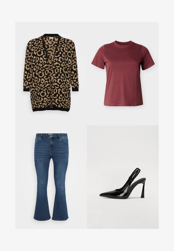 Cardigan en imprimé léopard noir et beige, coupe oversize, front ouvert, manches trois-quarts, texture tricot douce, poignets et ourlet côtelés.; T-shirt bordeaux à manches courtes en coton doux, avec un col rond et une texture lisse et uniforme sans motifs ni accents visibles.; Jeans en denim bleu évasés avec une taille mi-haute, un design à cinq poches et une texture ribbed subtile sur le devant. Le tissu semble robuste et lisse.; Escarpin en cuir verni noir à talon aiguille, à bout pointu, avec une sangle élastique double pour un maintien sécurisé. Surface lisse et brillante.